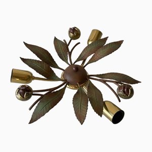 Italian 3-Armed Florantine Brass and Iron Flush Mount by Arte Firenze, Italy, 1960s