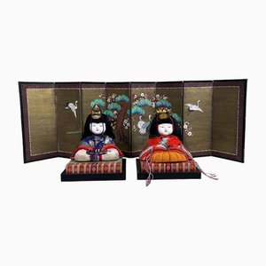 Bambole Hina (Hina Doll) con Byōbu (paravento), anni '50, set di 3