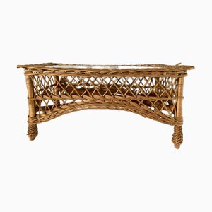 Mid-Century Rectangular Bamboo and Rattan Side Table with Glass Top, Italy, 1970s