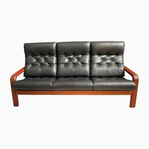 Teak and Black Leather 3-Seat Sofa attributed to HS Denmark, 1970s