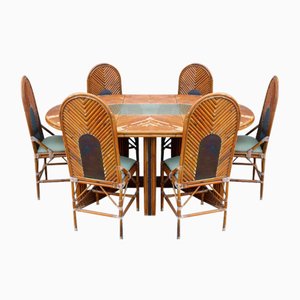 Mesa de comedor italiana vintage con sillas de bambú y latón, años 70. Juego de 9