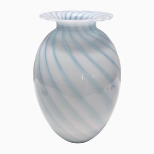 Vaso vintage in vetro di Murano con canne bianche e azzurre, anni '70