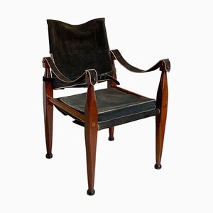 Britischer Vintage Safari Stuhl aus Holz & Wildleder, 1970er