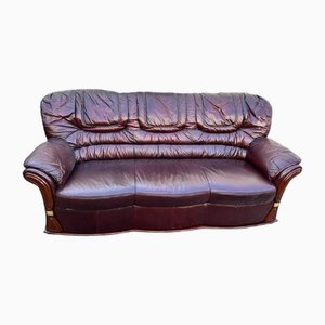 Vintage Three-Seater Sofa in Burgundi Leather, 1980s
