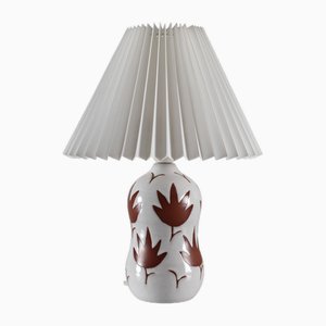 Danish Ceramic Table Lamp with White Glaze Leaf Pattern, 1950s