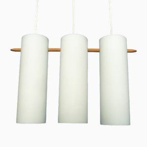 Opaline Glass and Teak Pendant Lamp by Uno & Östen Kristiansson for Luxus, 1960s