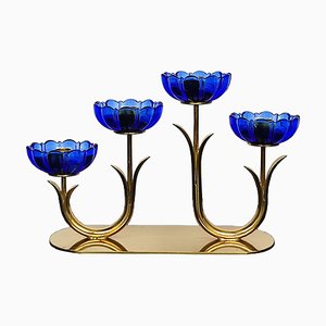 Candlestick in Brass and Blue Art Glass by Gunnar Ander for Ystad Metall, 1960s