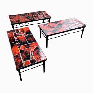 Tables Modernistes en Céramique avec Plateau en Pierre de Lave, 1950s, Set de 3