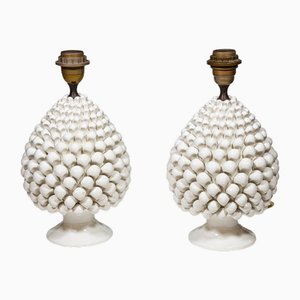 Lámparas de mesa vintage de pino en forma de cono de cerámica blanca, años 60. Juego de 2