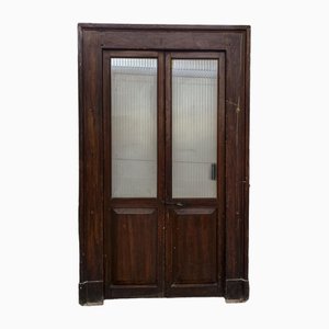 Two-Leaf Door with Solid Fir Wood Frame & Frosted Striped Glass, Italy