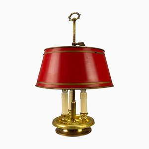 Lampe de Bureau Bouillotte à Trois Lampes en Laiton et Abat-Jour Rouge, 1950s