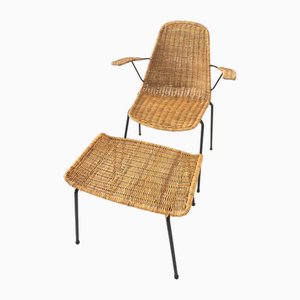Mid-Century Modern Armchair and Footrest in Wicker and Black Iron, Germany, 1960s, Set of 2