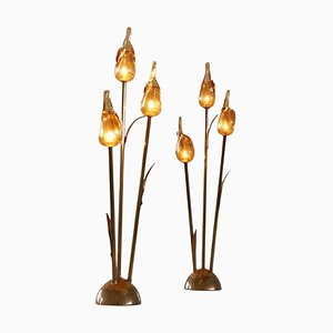 Lámparas de mesa florales de cristal de Murano y latón, años 80. Juego de 2