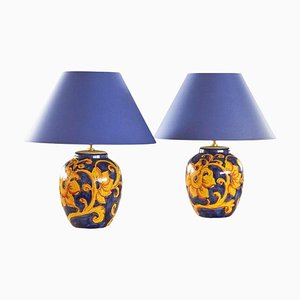 French Hand-Painted Ceramic Table Lamps with Floral Decor, 1980s, Set of 2