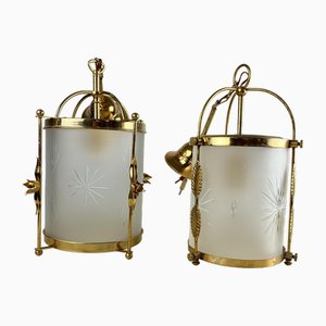 Lampade a sospensione vintage in vetro in metallo dorato, Italia, anni '60, set di 2