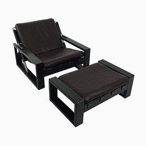 Set of Brutalist Easy Chair with Ottoman in Wood and Leather by Atelier Sonja Wasseur