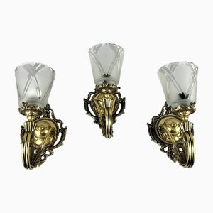 Vintage Wall Mount Sconces in Bronze with Glass Shades, Germany, Set of 3
