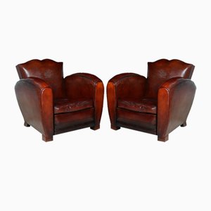 French Moustache Back Leather Club Armchairs, 1930s, Set of 2