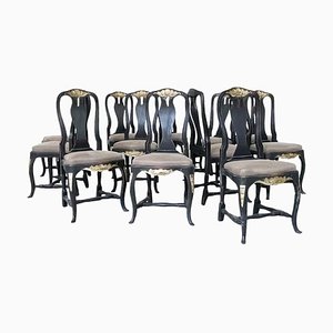 Swedish Black Wood and Fabric Chairs, Set of 9