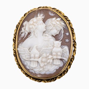 Broche Camée Vintage en Or Jaune 14k Aphrodite et Selene, 1950s