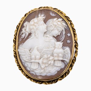 Vintage 14k Yellow Gold Shell Cameo Brooch Aphrodite and Selene, 1950s