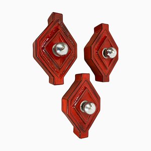 Red Cubic Ceramic Fat Lava Wall Lights attributed to Pan Ceramics, Germany, 1970s, Set of 3