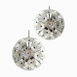 Lámparas de araña Sputnik vintage de cristal con 51 vasos transparentes Daisy, años 80. Juego de 2