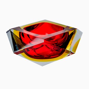 Red and Yellow Faceted Glass Sommerso Ashtray attributed to Seguso, Murano, Italy, 1970