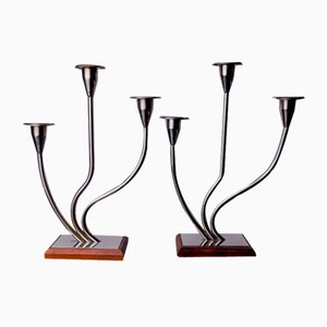 Art Deco 3-Flame Candlesticks in Stainless Steel and Rosewood, Spain, 1970, Set of 2