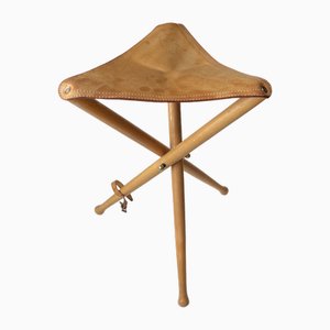 Scandinavian Tripod Folding Hunting Stool in Leather and Beech, 1970s