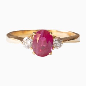 18K Yellow Gold Trilogy Ring with Synthetic Ruby and Brilliant Cut Diamonds, 1980s