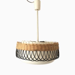 Round Plastic and Wicker Ceiling Lamp, Germany, 1960s