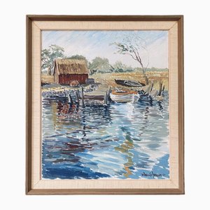 Boathouse, Oil Painting, 1950s, Framed