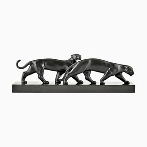 Luc Alliot, Art Deco Skulptur von Zwei Panthern, 1930, Bronze auf Marmorsockel