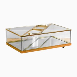 Coffee Table in Brass and Glass with Invisible Wheels with Ashtray and Lighter, 1970s, Set of 3