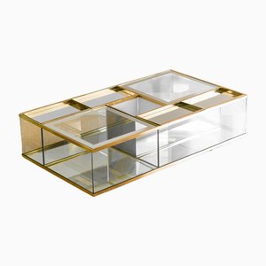 Coffee Table in Brass, Glass and Mirrored Glass with 4 Integrated Trays, 1970s