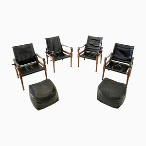 Black Leather Safari Chairs from Hayat & Brothers, Pakistan, 1970s, Set of 6