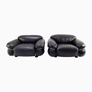 Mid-Century Modern Sesann Lounge Chairs in Leather by Gianfranco Frattini for Cassina, Italy, 1970s, Set of 2