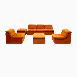 Vintage Flower Power Sofa Elemente aus Orangefarbenem Samt, 1970er, 7 Set