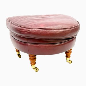 Claret Leather Footstool on Brass Wheels, 1990s