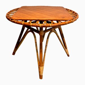 Table Basse Trampoline Ronde en Rotin, 1950s