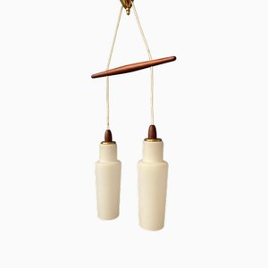 Danish Pendant Lamp with Two Opaline Glass Shades and Teak Wood Elements, 1970s