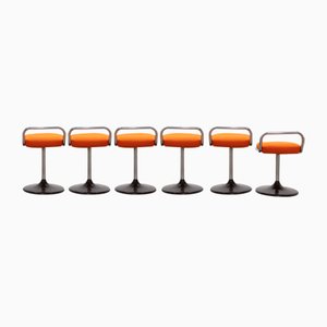 Taburetes de bar italianos bajos con asiento naranja al estilo de Joe Colombo, 1970. Juego de 6