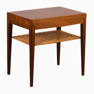 Rosewood and Cane Side Tablewith Hidden Drawer by Severin Hansen for Haslev, Denmark, 1960s