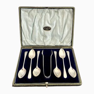 Victorian Silver Tea Spoons and Sugar Tongs, 1889, Set of 8
