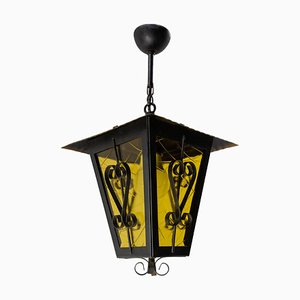French Iron and Glass Lustre Ceiling Lamp Lantern, 1970s