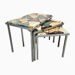 Tavolini ad incastro vintage in marmo con pietre di onice, anni '70, set di 3