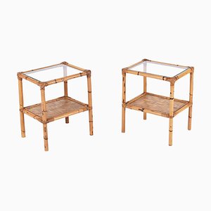 Mid-Century Italian Bedside Tables in Bamboo, Rattan and Glass, 1970s, Set of 2