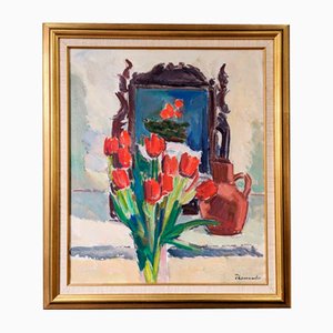 Tulipani rossi, anni '50, Olio su tela, con cornice