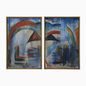 Roald Ditmer, Dittico astratto, Dipinti a olio su tela, anni '80, con cornice, set di 2